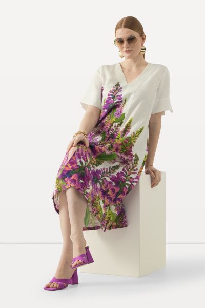 Veliki brojevi Haljina kratkih rukava od lana cvjetnog printa moda za punije