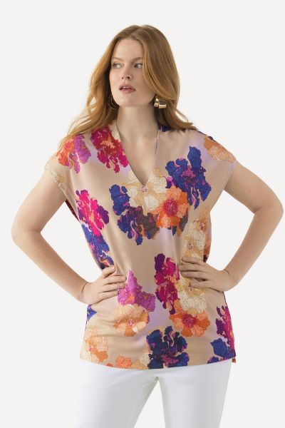 Veliki brojevi Majica spuštenih rukava V izreza cvjetnog printa moda za punije