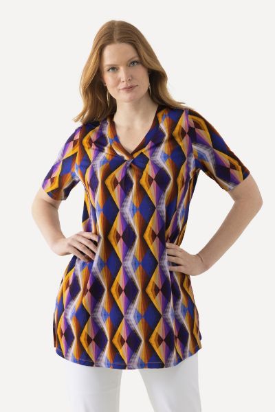 Veliki brojevi Majica Slinky kratkih rukava s geometrijskim printom moda za punije