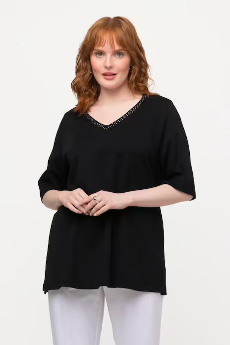 Plus size veliki brojevi Majica s ukrasima na ovratniku kratki rukavi za punije