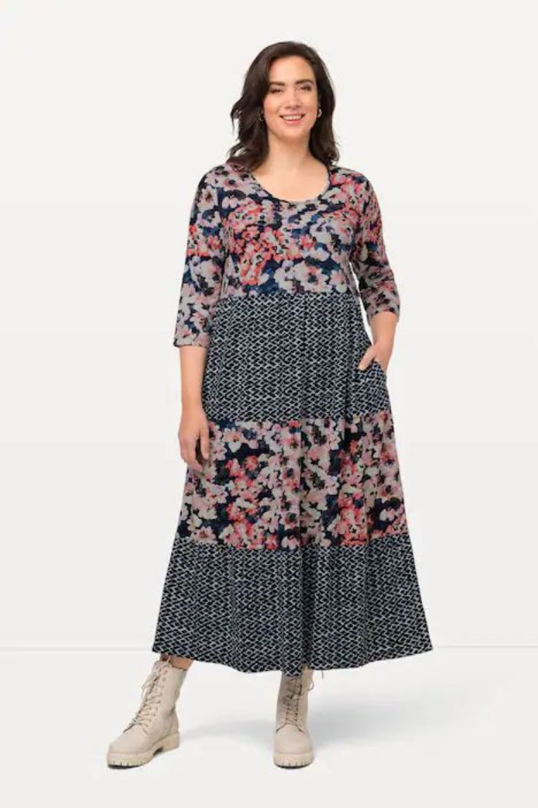Plus size veliki brojevi Haljina sa cvjetnim umetkom 3/4 rukavi za punije