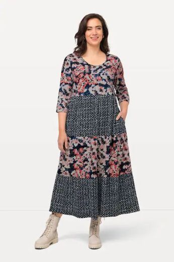 Plus size veliki brojevi Haljina sa cvjetnim umetkom 3/4 rukavi za punije
