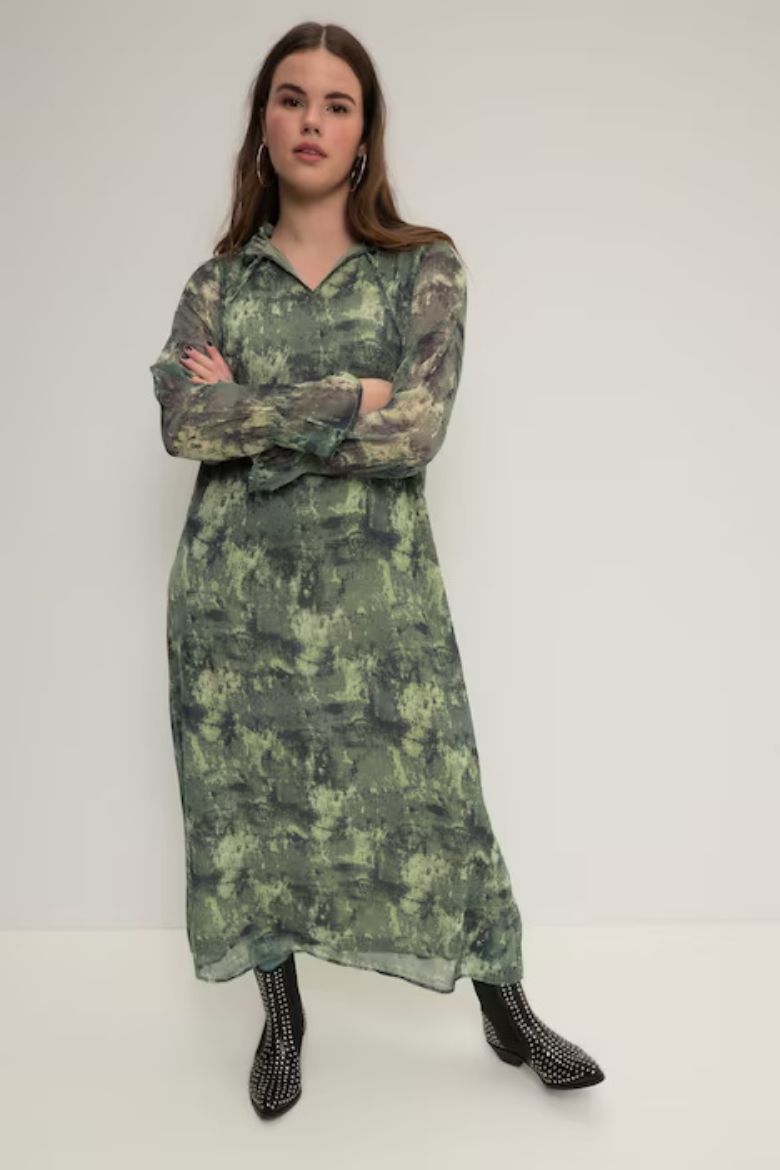 Plus size veliki brojevi Haljina midi s vezanjem na ovratniku dugih rukava za punije