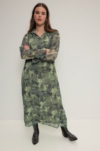 Plus size veliki brojevi Haljina midi s vezanjem na ovratniku dugih rukava za punije