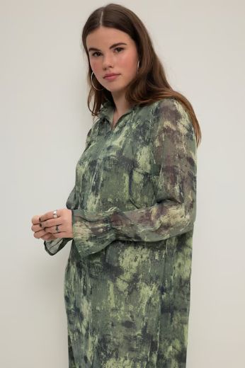 Plus size veliki brojevi Haljina midi s vezanjem na ovratniku dugih rukava za punije