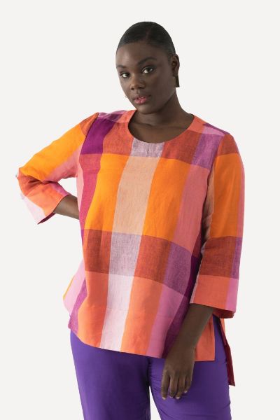 Veliki brojevi Bluza lanena karirana 3/4 rukavi moda za punije