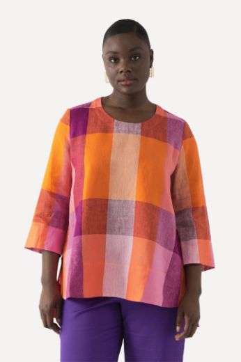Plus size veliki brojevi Bluza lanena karirana 3/4 rukavi za punije