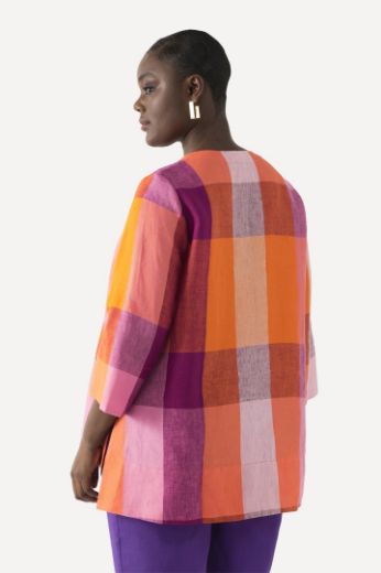 Plus size veliki brojevi Bluza lanena karirana 3/4 rukavi za punije