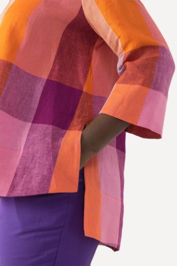 Plus size veliki brojevi Bluza lanena karirana 3/4 rukavi za punije