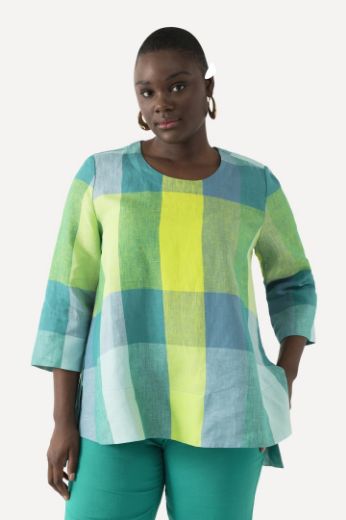 Plus size veliki brojevi Bluza lanena karirana 3/4 rukavi za punije