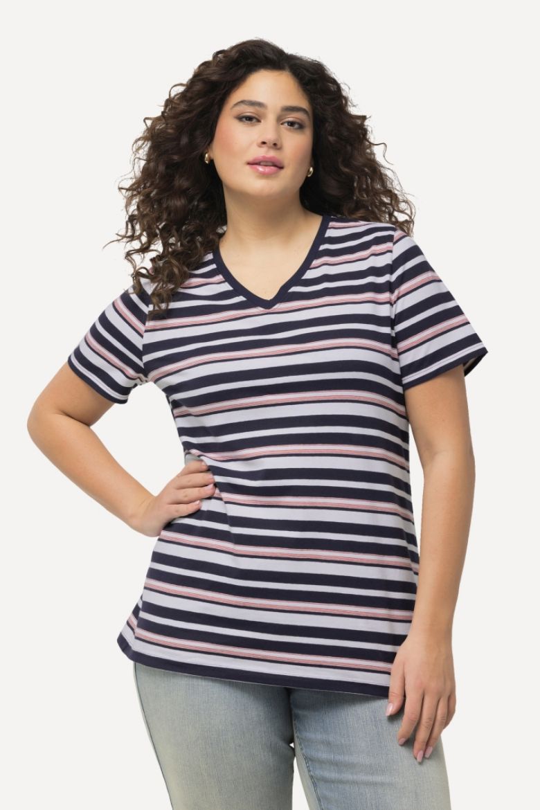 Plus size veliki brojevi Majica V ovratnika na pruge kratkih rukava za punije