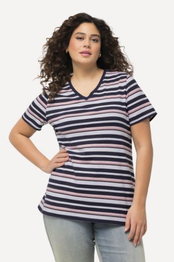 Plus size veliki brojevi Majica V ovratnika na pruge kratkih rukava za punije