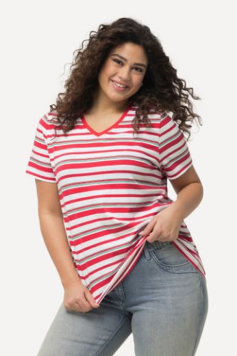Plus size veliki brojevi Majica V ovratnika na pruge kratkih rukava za punije