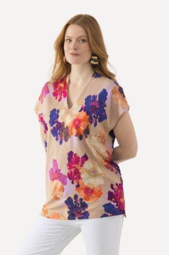 Plus size veliki brojevi Majica spuštenih rukava V izreza cvjetnog printa za punije