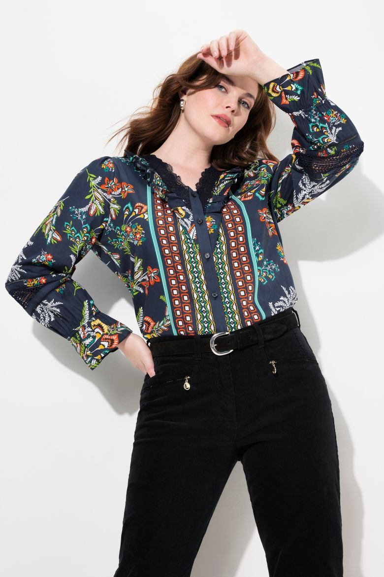 Plus size veliki brojevi Bluza dugih rukava s printom i ukrasnom čipkom na ovratniku za punije