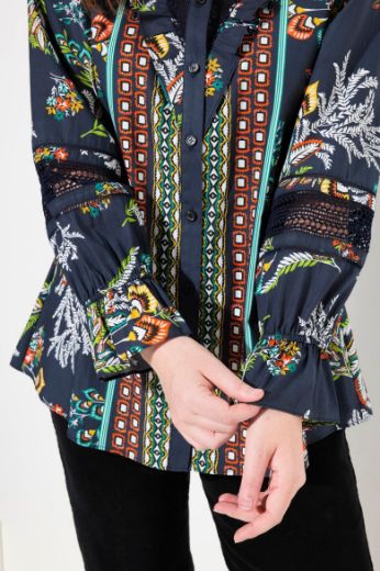 Plus size veliki brojevi Bluza dugih rukava s printom i ukrasnom čipkom na ovratniku za punije