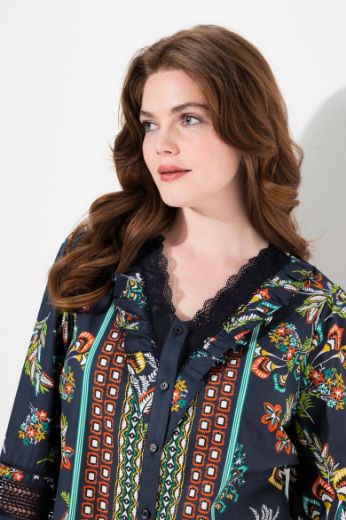 Plus size veliki brojevi Bluza dugih rukava s printom i ukrasnom čipkom na ovratniku za punije