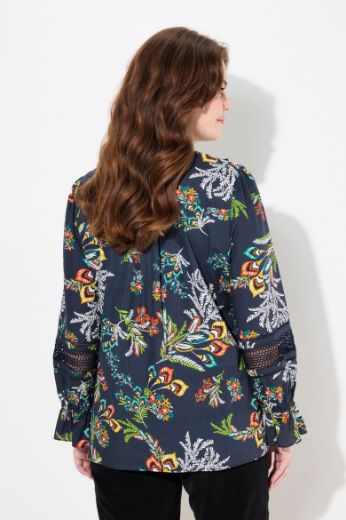 Plus size veliki brojevi Bluza dugih rukava s printom i ukrasnom čipkom na ovratniku za punije