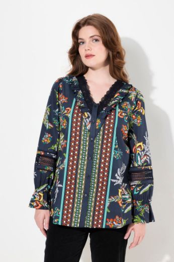 Plus size veliki brojevi Bluza dugih rukava s printom i ukrasnom čipkom na ovratniku za punije