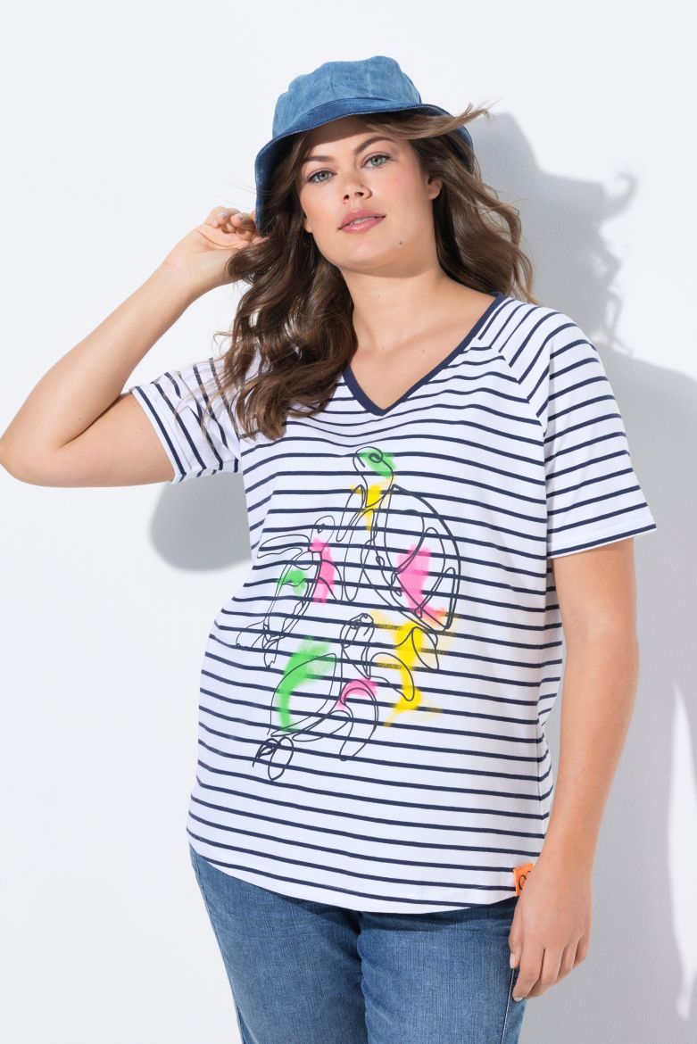 Plus size veliki brojevi Majica sa v izrezom prugasta sa printom za punije