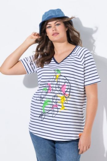 Plus size veliki brojevi Majica sa v izrezom prugasta sa printom za punije