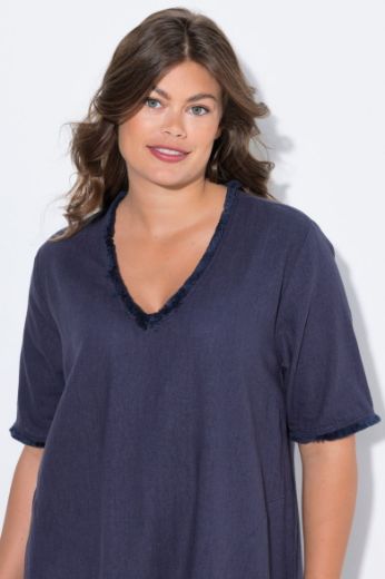 Plus size veliki brojevi Haljina lanena polu rukava V ovratnika za punije