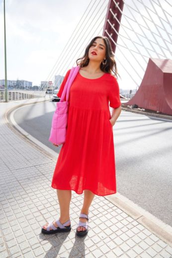 Plus size veliki brojevi Haljina kratkih rukava od mješavine lana za punije