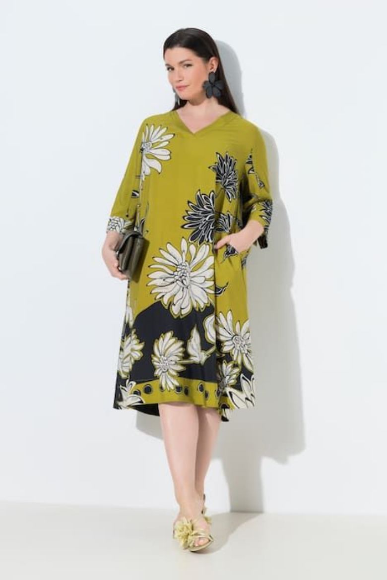 Plus size veliki brojevi Haljina midi 3/4 rukavi V izrez cvjetni uzorak za punije