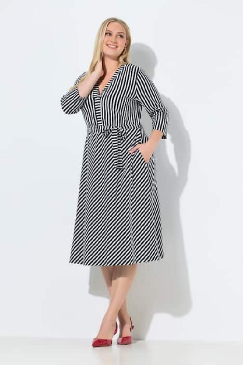 Plus size veliki brojevi Haljina midi 3/4 rukava A kroja prugasta za punije