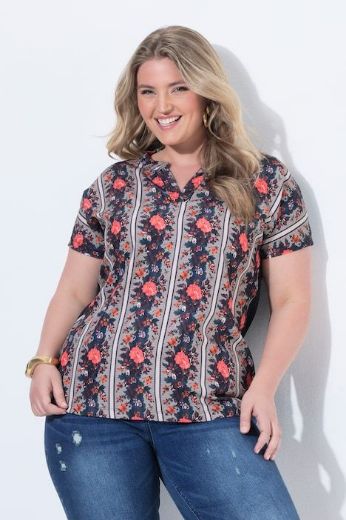Plus size veliki brojevi Bluza kratkih rukava s prorezom na izrezu i uzorkom za punije
