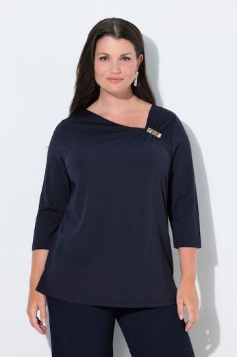 Plus size veliki brojevi Majica 3/4 rukava s asimetričnim izrezom i brošem za punije
