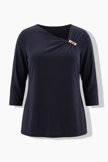 Plus size veliki brojevi Majica 3/4 rukava s asimetričnim izrezom i brošem za punije