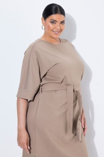Plus size veliki brojevi Haljina midi kratkih rukava šireg kroja okruglog izreza s pojasom za punije