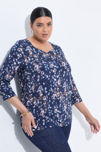 Veliki brojevi Majica 3/4 rukava srcolikog izreza s uzorkom moda za punije