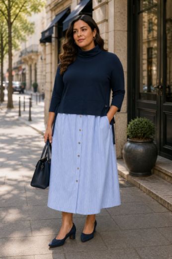 Plus size veliki brojevi Haljina midi 3/4 rukava s dolčevita ovratnikom za punije