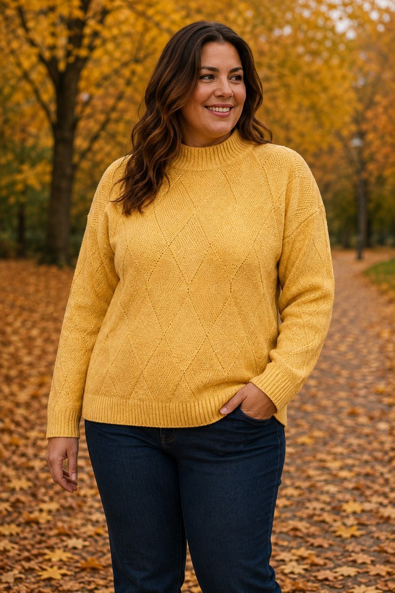Plus size veliki brojevi Pulover dugih rukava šireg kroja s povišenim ovratnikom i uzorkom za punije