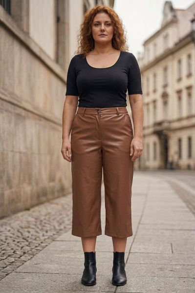 Veliki brojevi Hlače 3/4 širokih nogavica imitacije kože djelomično elastičnog struka moda za punije